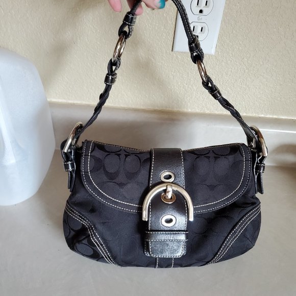Coach Signature C's Black Canvas & Leather Shoulder Bag Tote Purse - Picture 1 of 11